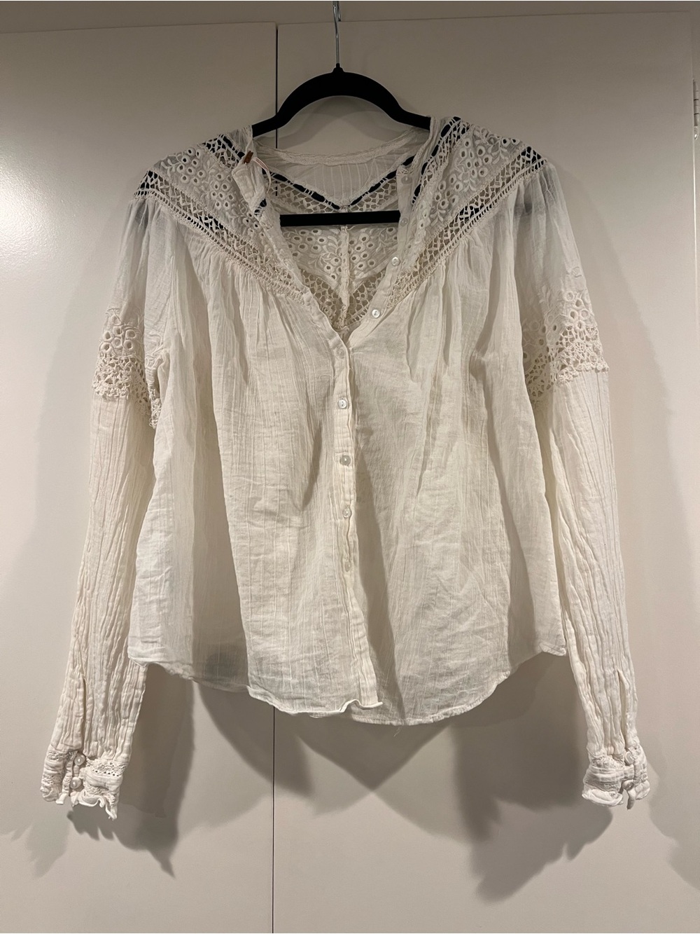 Free People White Lace-Trim Button Front Top